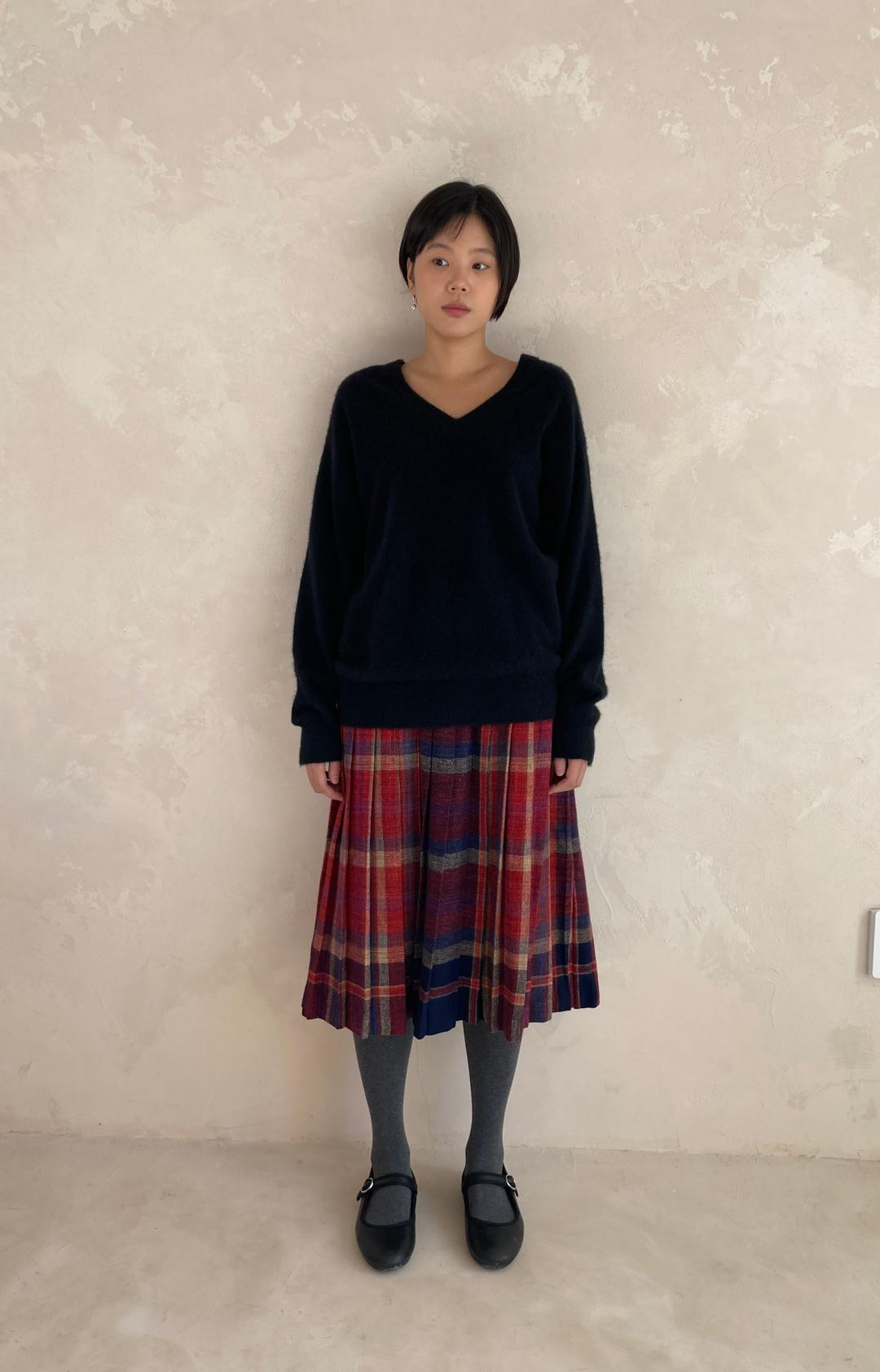 wool check pleats skirt