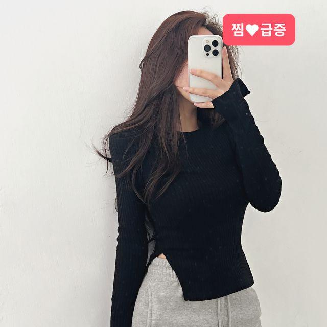 [개미허리핏/몸매보정강추!] 골지니트 트임 소매 슬림핏 하이 긴팔 니트티_비비드글로우
