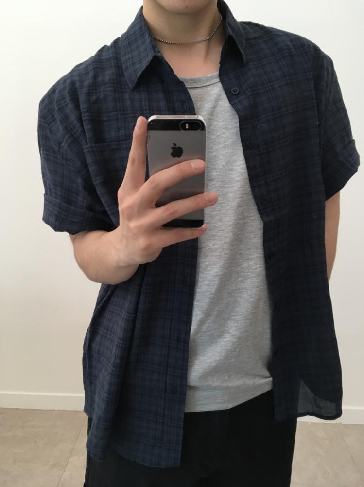 (남녀공용) 코튼린넨 체크 반팔셔츠 (2color)