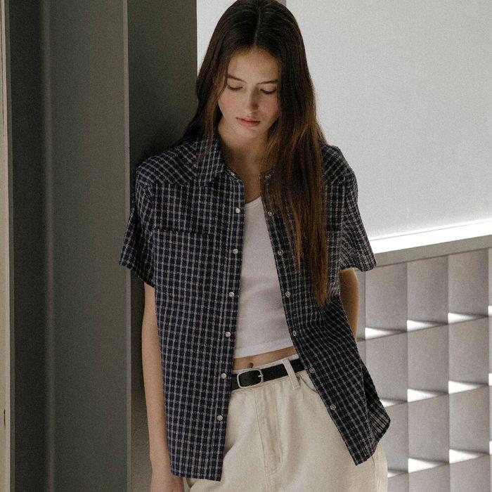 Seersucker check shirt KNSS03SH06_Navy