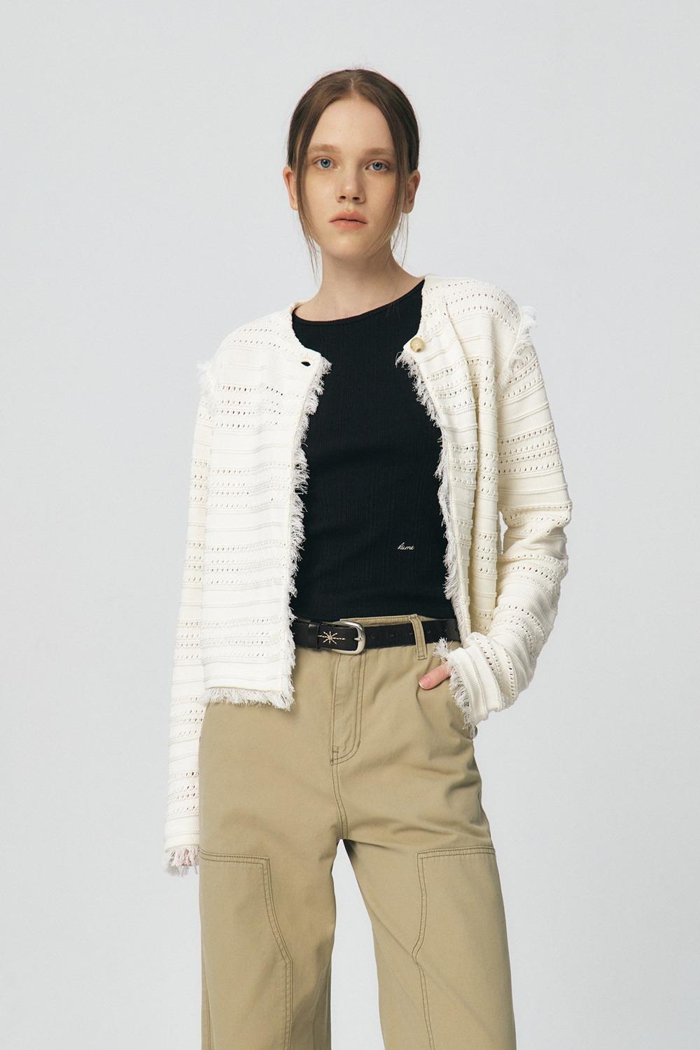 Fringe Long Sleeve Cardigan, Ivory