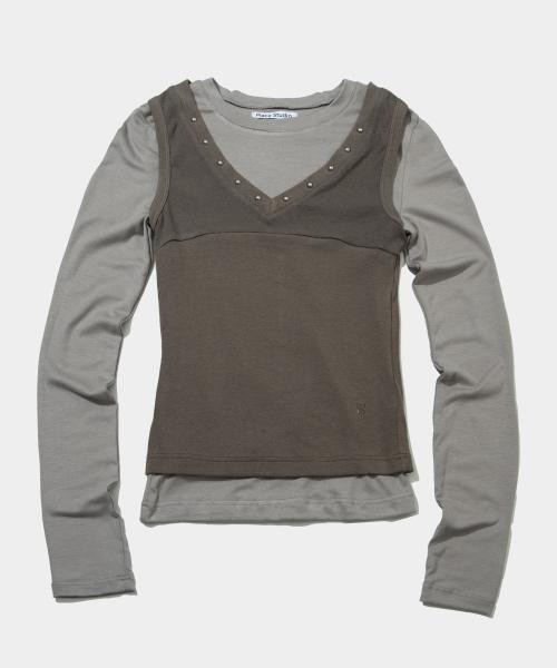 스터드 브이넥 투웨이 슬리브리스 레이어드 티셔츠 [베이지]