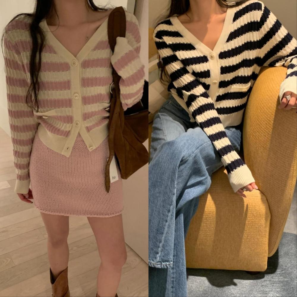 포스터 플로우 가디건 스트라이프가디건 2color 오끄망