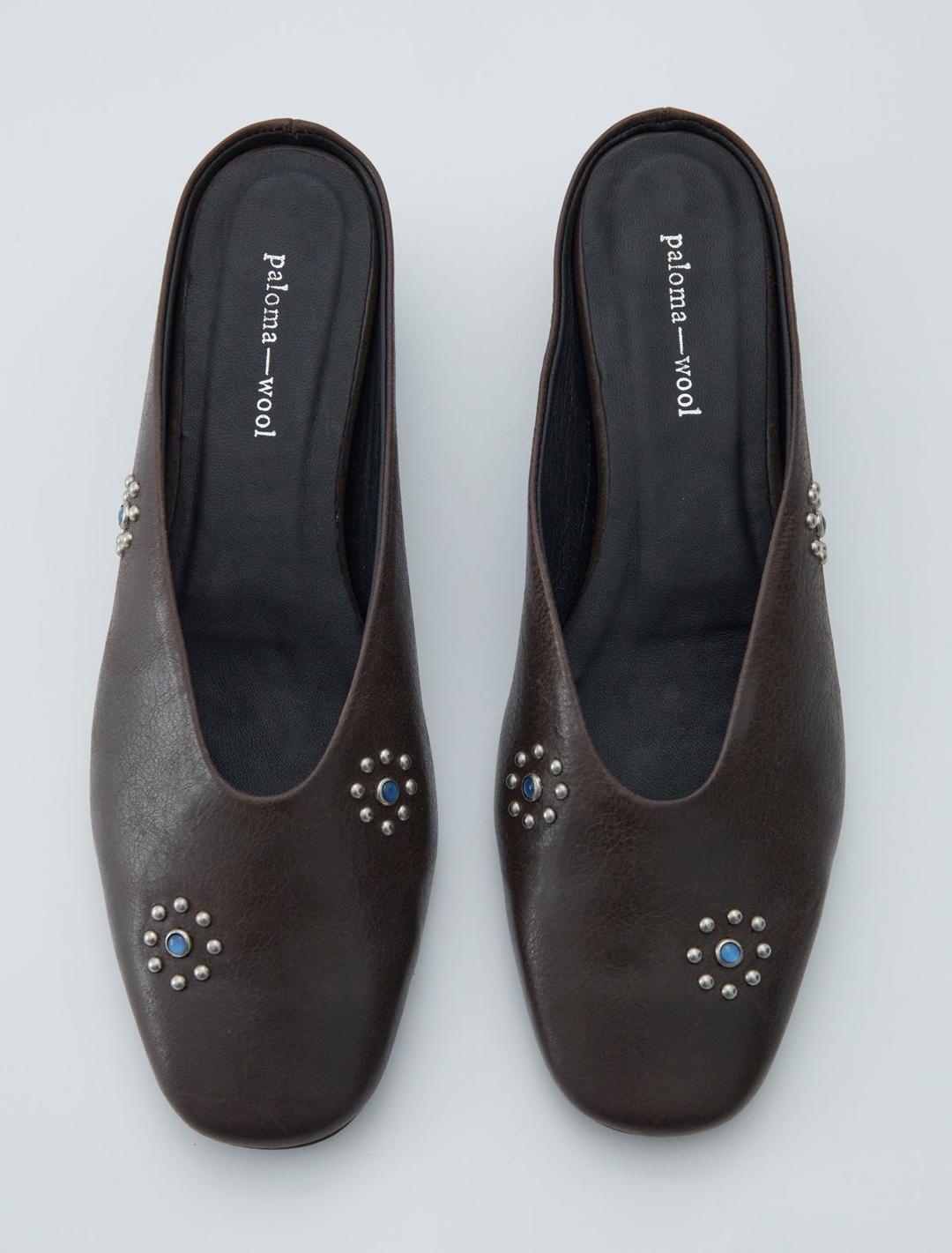 FERNANDA II-Brown round-toe mule with flower-shaped studs