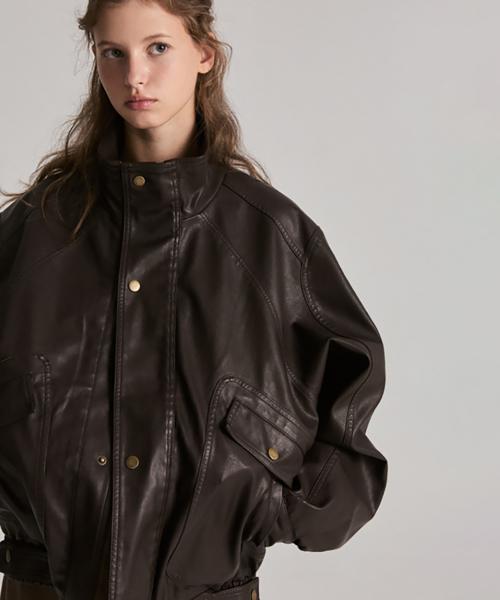 오보 캐주얼 레더 블루종 (브라운)