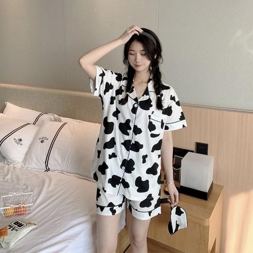 어 젖소 잠옷 여자 순면 귀엽다 반팔 반바지 전면 홈웨어 세트