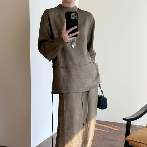 Moss Brown Silk linen Highneck Top & Pants Set-up