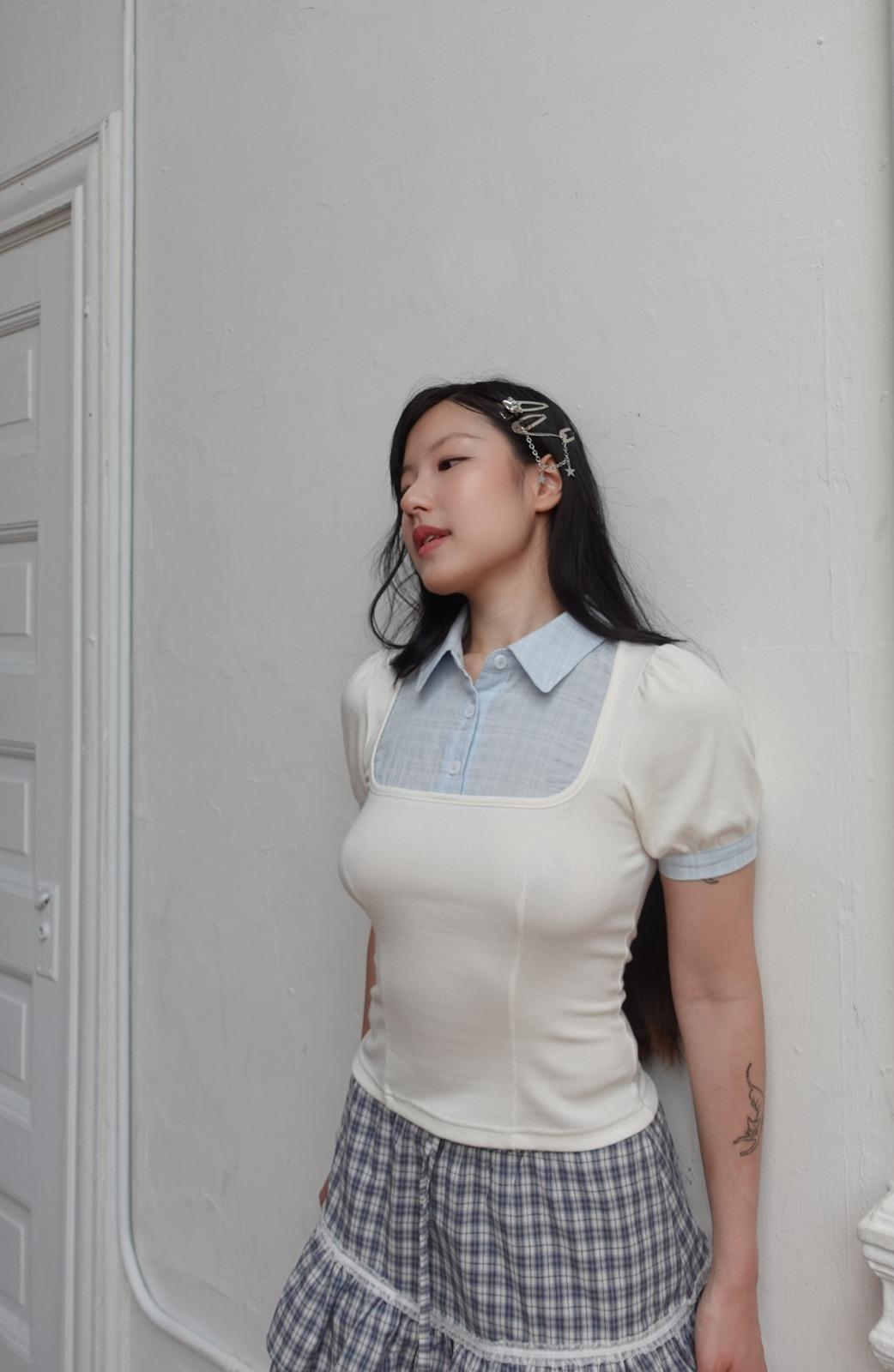 코튼.모달.폴리) plaid puff-sleeve button-up blouse-ivory/blue