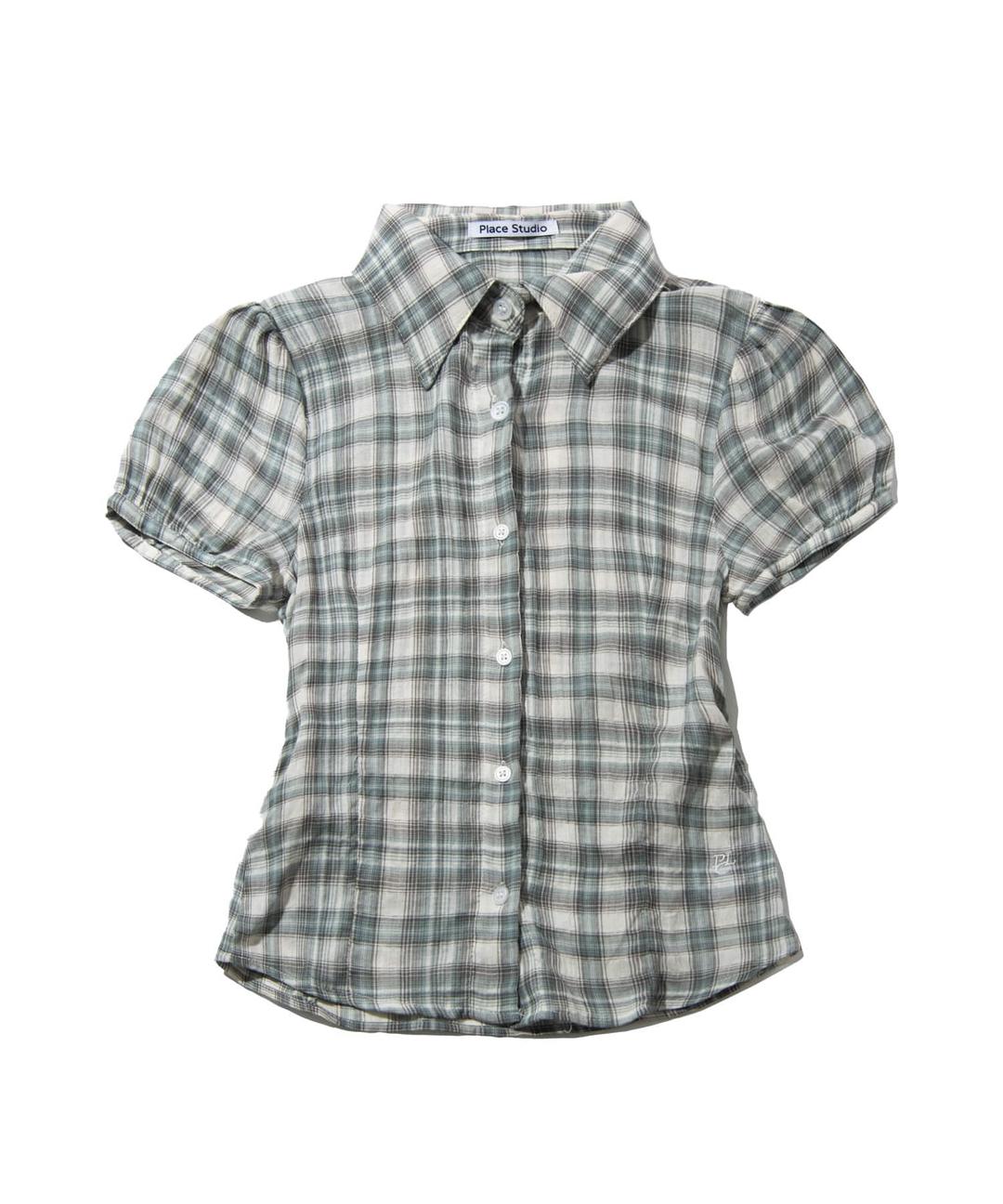 Puff sleeve ring logo embroidery cotton short sleeve check blouse shirt