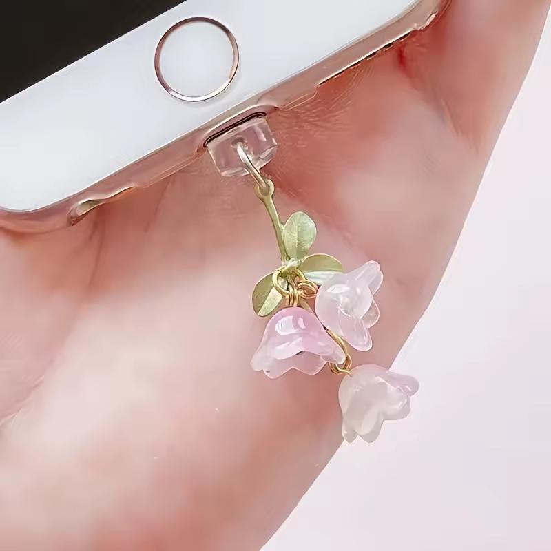 전화 및 C 타입 인터페이스용 귀여운 핑크 릴리 오브 더 밸리 전화 참 꽃 녹색 잎 먼지 플러그 DIY 액세서리, 1PC, 신제품