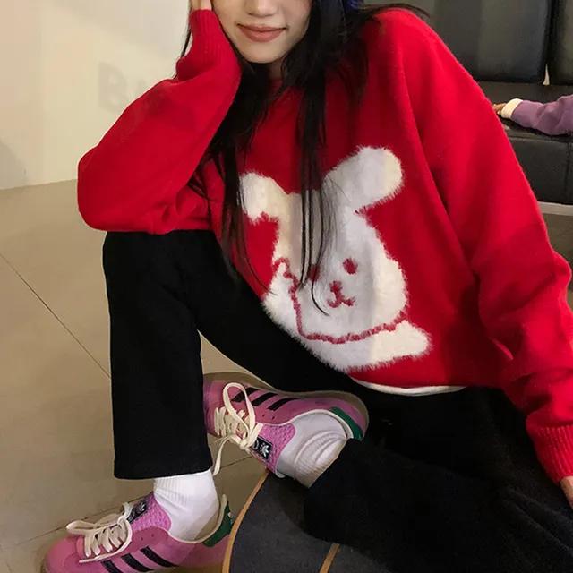 러블리 캐릭터 래빗 긴팔 라운드 니트 루즈핏 오버핏 빅사이즈 오버사이즈 여리 아방 낙낙 가을 겨울 데이트 여친룩 데일리 베이직 기본템 꾸안꾸 그래픽 레터링 프린팅 포인트 귀여운 캐주얼 대학생 새내기 그린 퍼플 레드 블랙