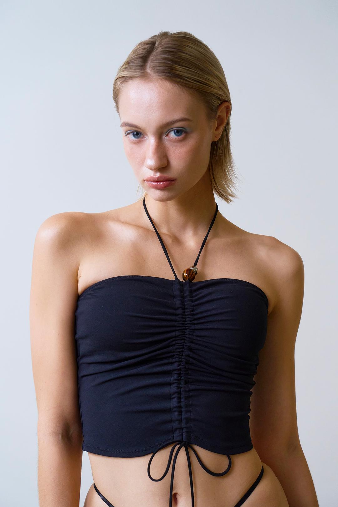 Bohemian Shirring Tube Top Bikini Bra (Black)