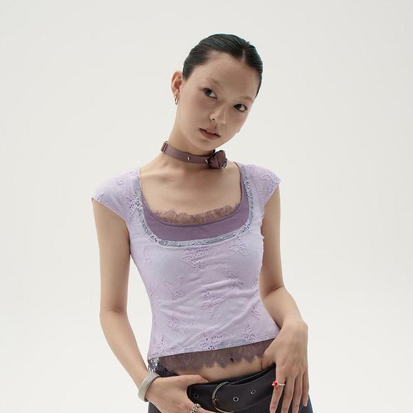 Purple Lace U-neck Short Sleeve T-shirt