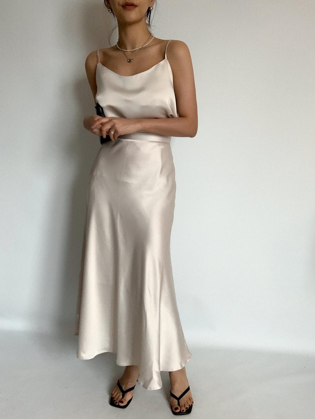 히어리 [숏,롱ver] 실크 새틴 플레어 롱 스커트(S~XL)