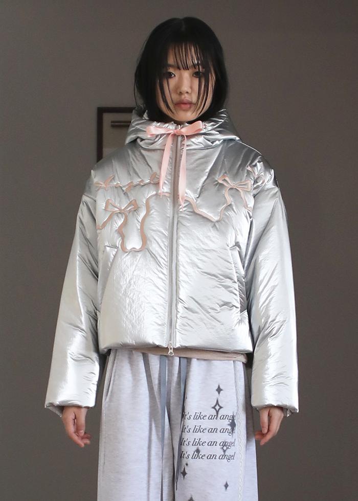 ANGEL RIBBON GLOSSY PADDING JUMPER SILVER