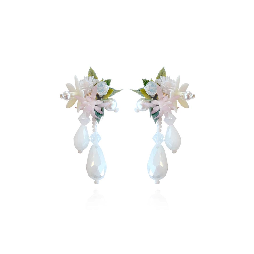 Flower Blast Small Drop White Earrings