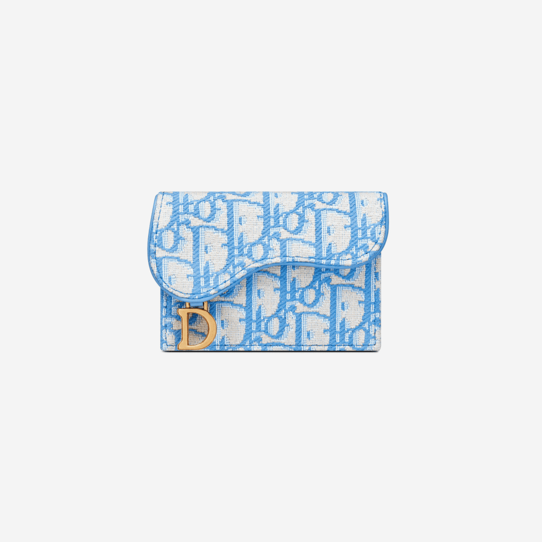 Dior Saddle Flap Card Holder Cornflower Blue Dior Oblique Jacquard