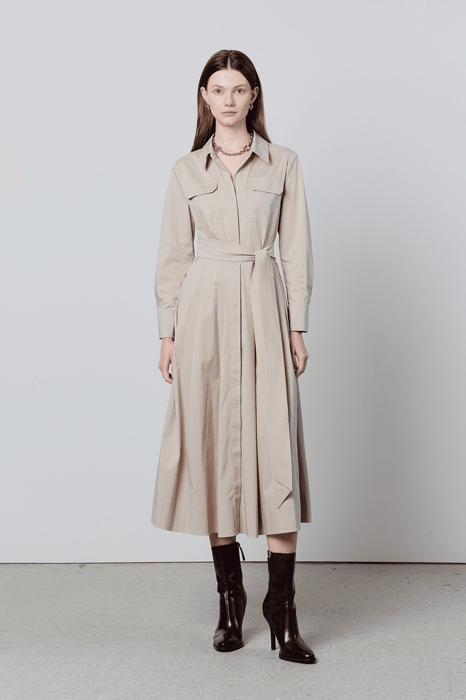 Pocket shirt pleats dress - beige