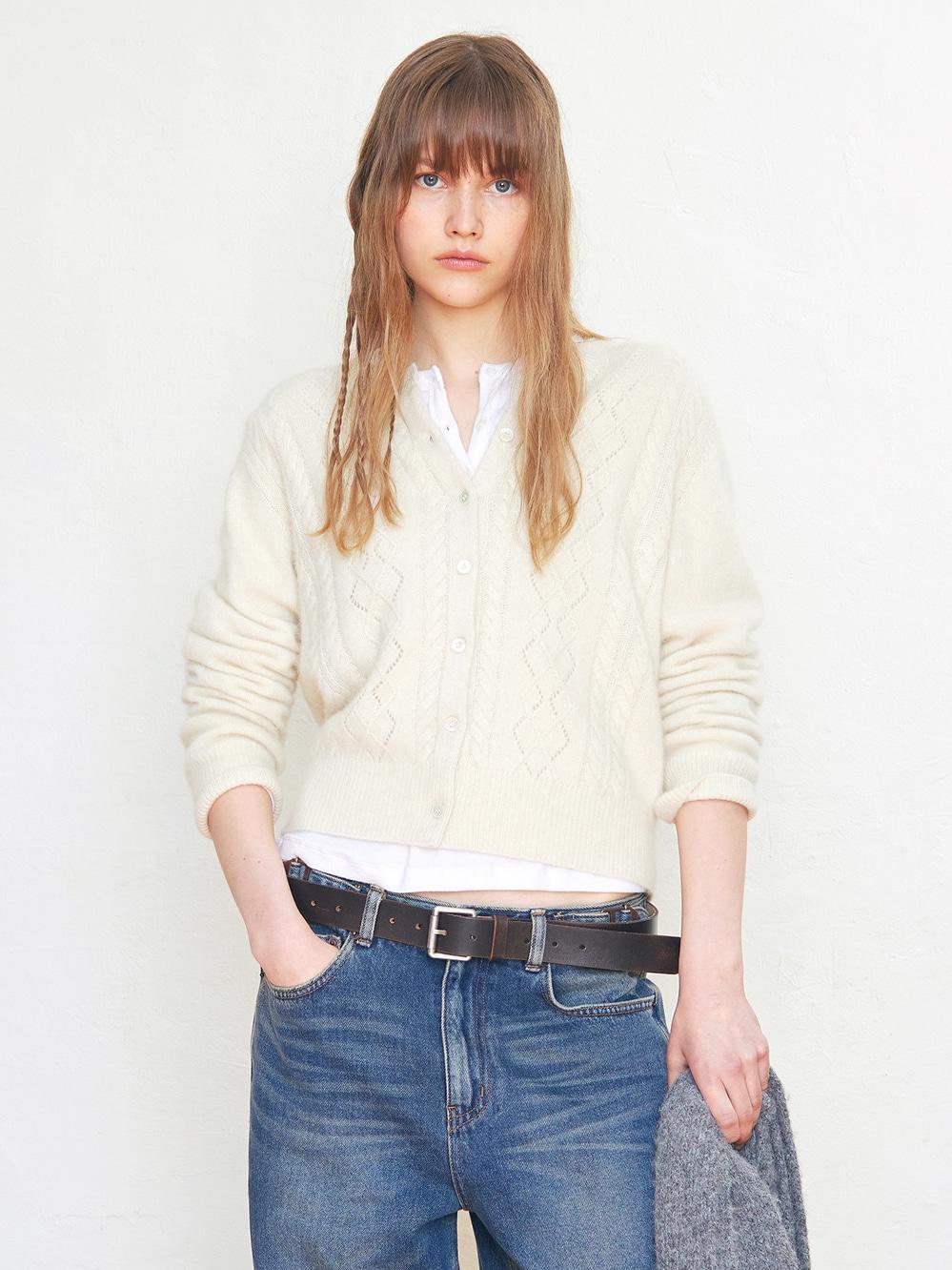 Hairy Wool Blend Pointelle Cardigan_Ivory