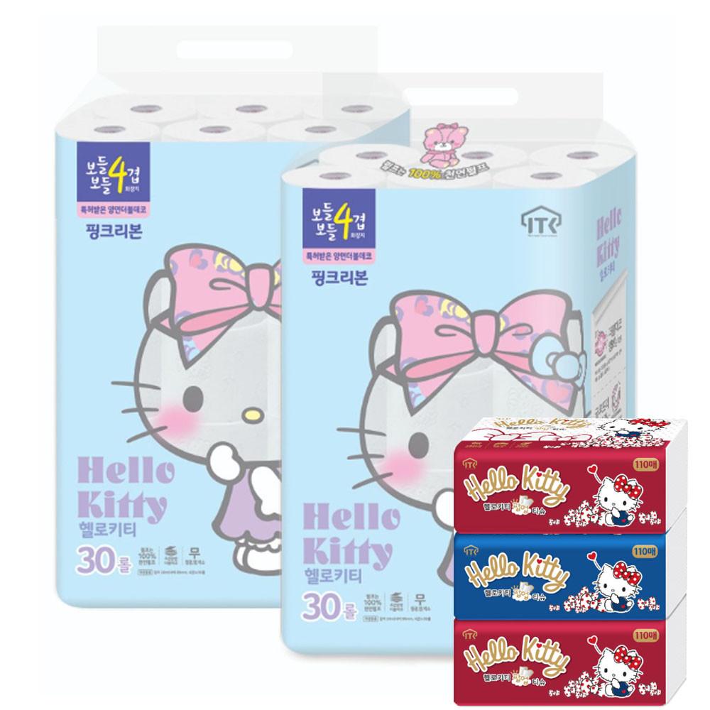 헬로키티 화장지 핑크리본 4겹 20M 30롤 2팩 60롤 + 팝업110매x3입 외4종 휴지 롤화장지