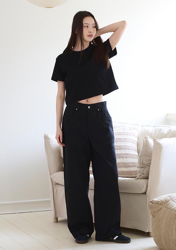 CURVED LINE COTTON PANTS - BLACK