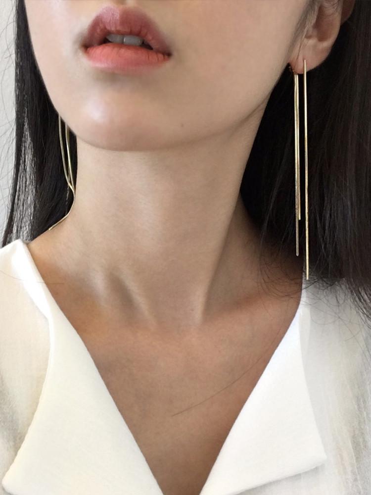 [무배] 은침 머드 뱀줄 체인 롱 귀걸이 (2col)