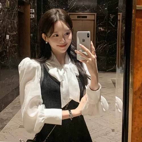 [✨감사할인연장+추가쿠폰팩][1000장 돌파✨] 라엘 퍼프 리본 셔츠 셔링하객 블라우스 하객룩 블라우스 bs7449