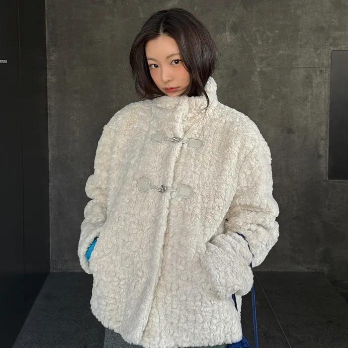 High Neck Toggle Fur Jacket Cream