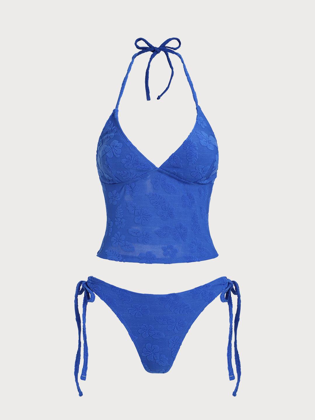 Blue Tropical Floral Terry Tankini Swimsuit