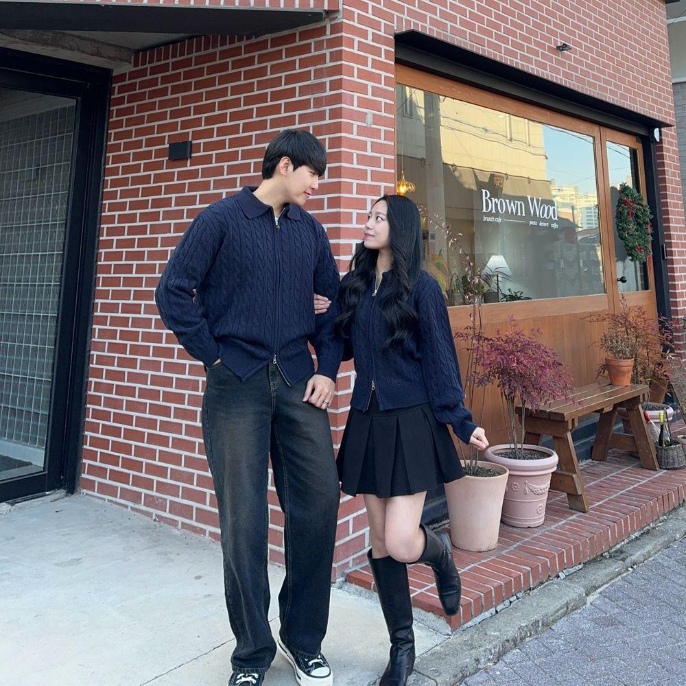 루쏘 케이블 크롭 오버핏 카라 니트 투웨이 꽈배기 집업 데이트 봄 커플 시밀러룩