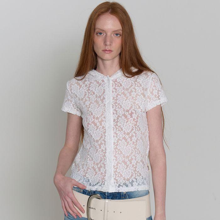 Lace Full Button Hoodie - White