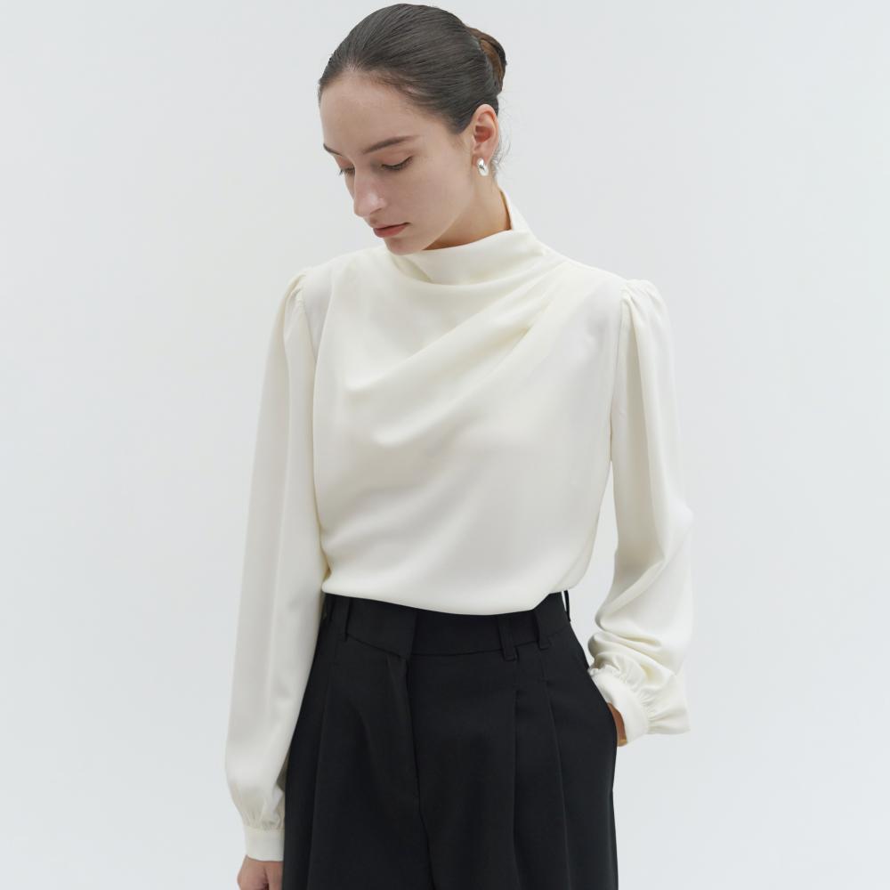 퍼프 슬리브 드레이프 하이넥 블라우스_WHITE