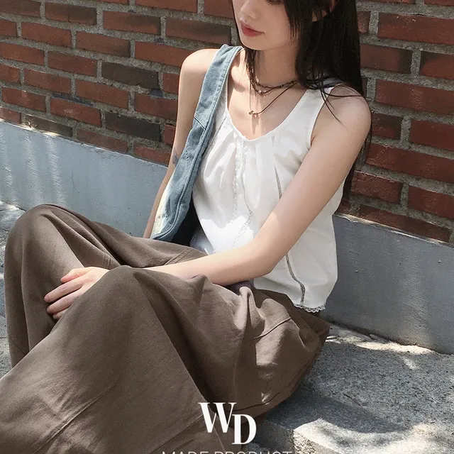 [2천장 판매/MADE] 히코아 레이스 주름 버튼 스트랩 나시 블라우스