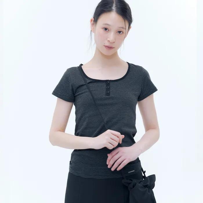 Striped henley neck short sleeves BLACK