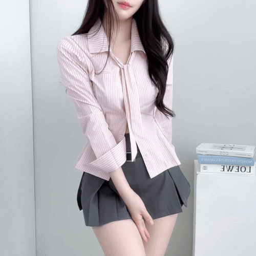 [존예허리슬림셔츠,,ღ] 르탱 투웨이 브이넥 스트라이프 긴팔 카라 셔츠 타이 세트 3color
