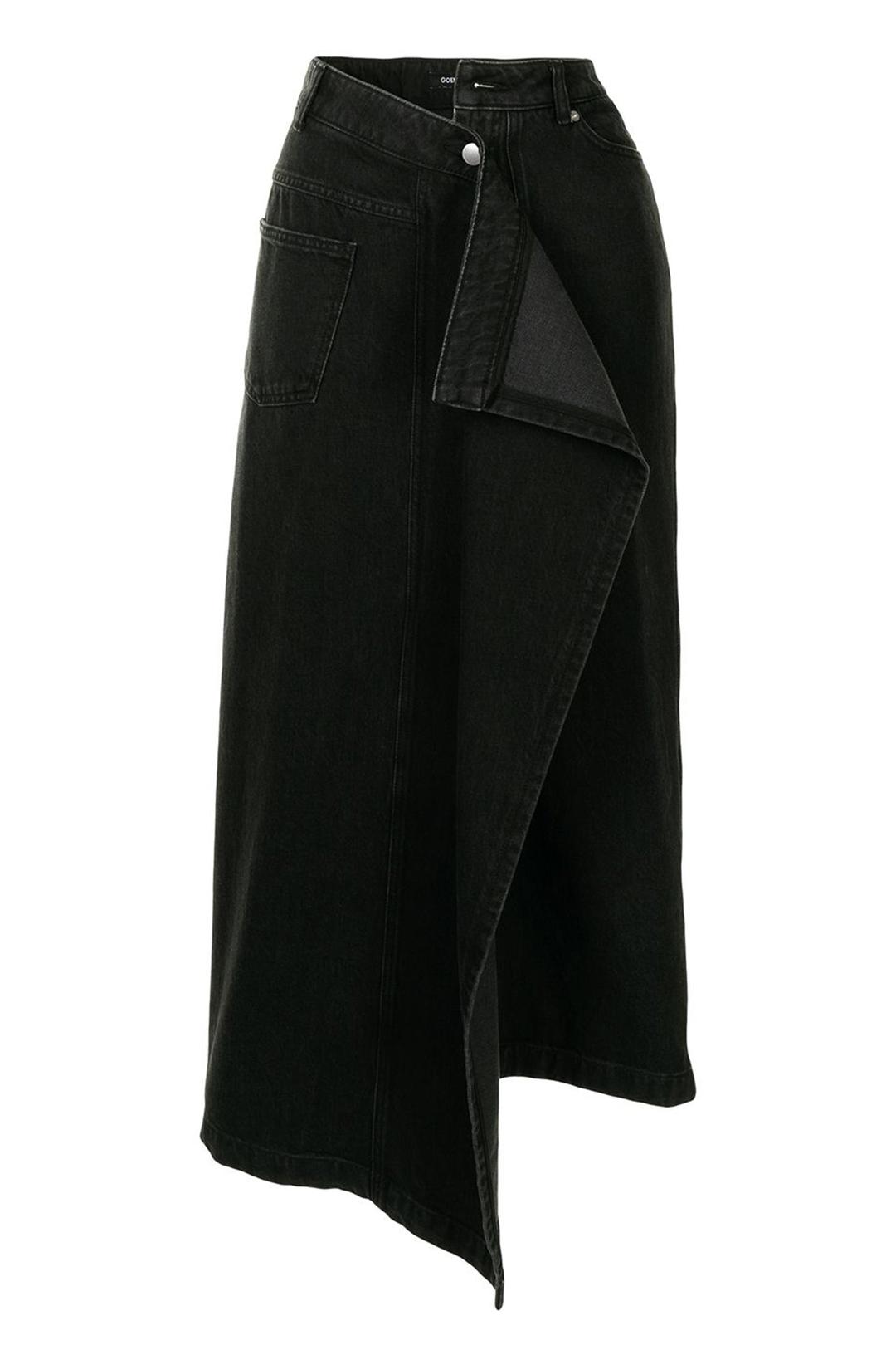 Asymmetric draped down washed denim skirt - BLACK / M