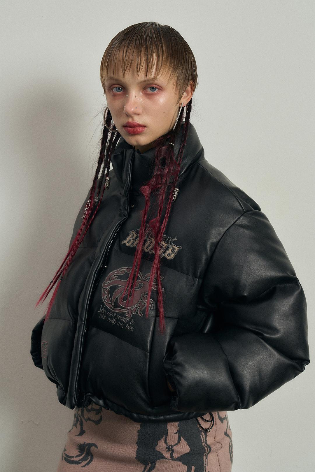 GOTHIC 13 LEATHER PUFFER JACKET BLACK