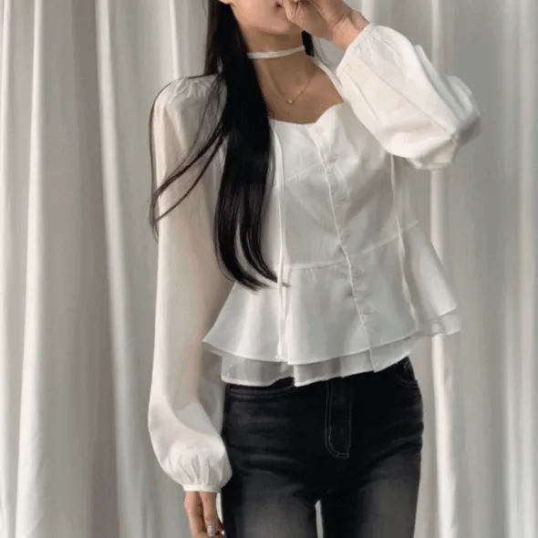 [25ss/스카프세트!] 여리 청순한 , 루이 플레어 스퀘어넥 초커 스카프 퍼프 긴팔 블라우스;3color