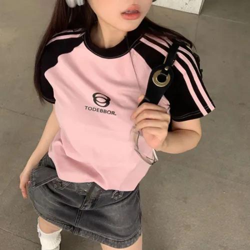 블록코어 핑크 스트릿 힙한 캐주얼 반팔티셔츠 빈티지 쓰리라인 슬림핏 배색