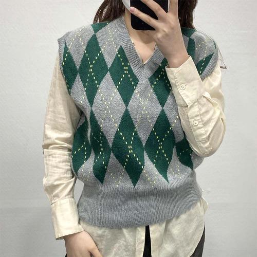 빈티지 아가일 니트 조끼