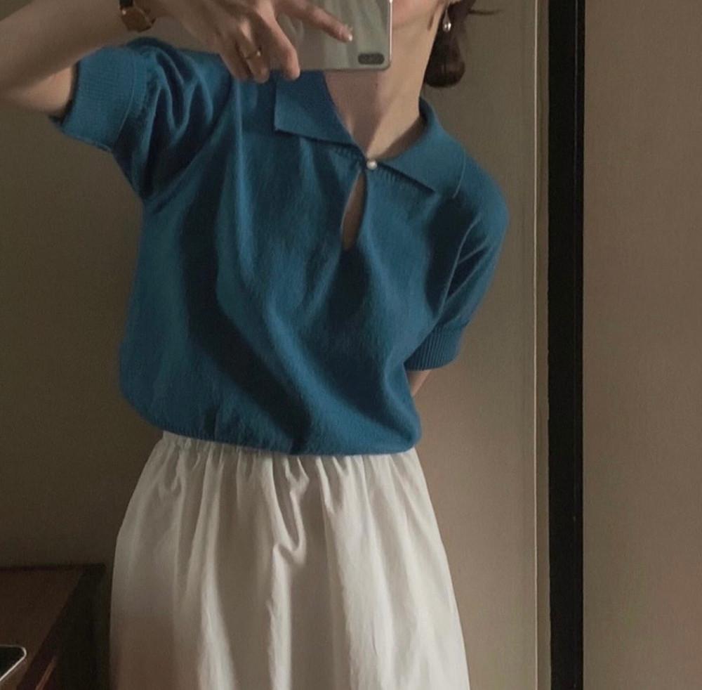 오브제 objet 루시 카브라 카라 니트 반팔 니트 티셔츠 (3col)