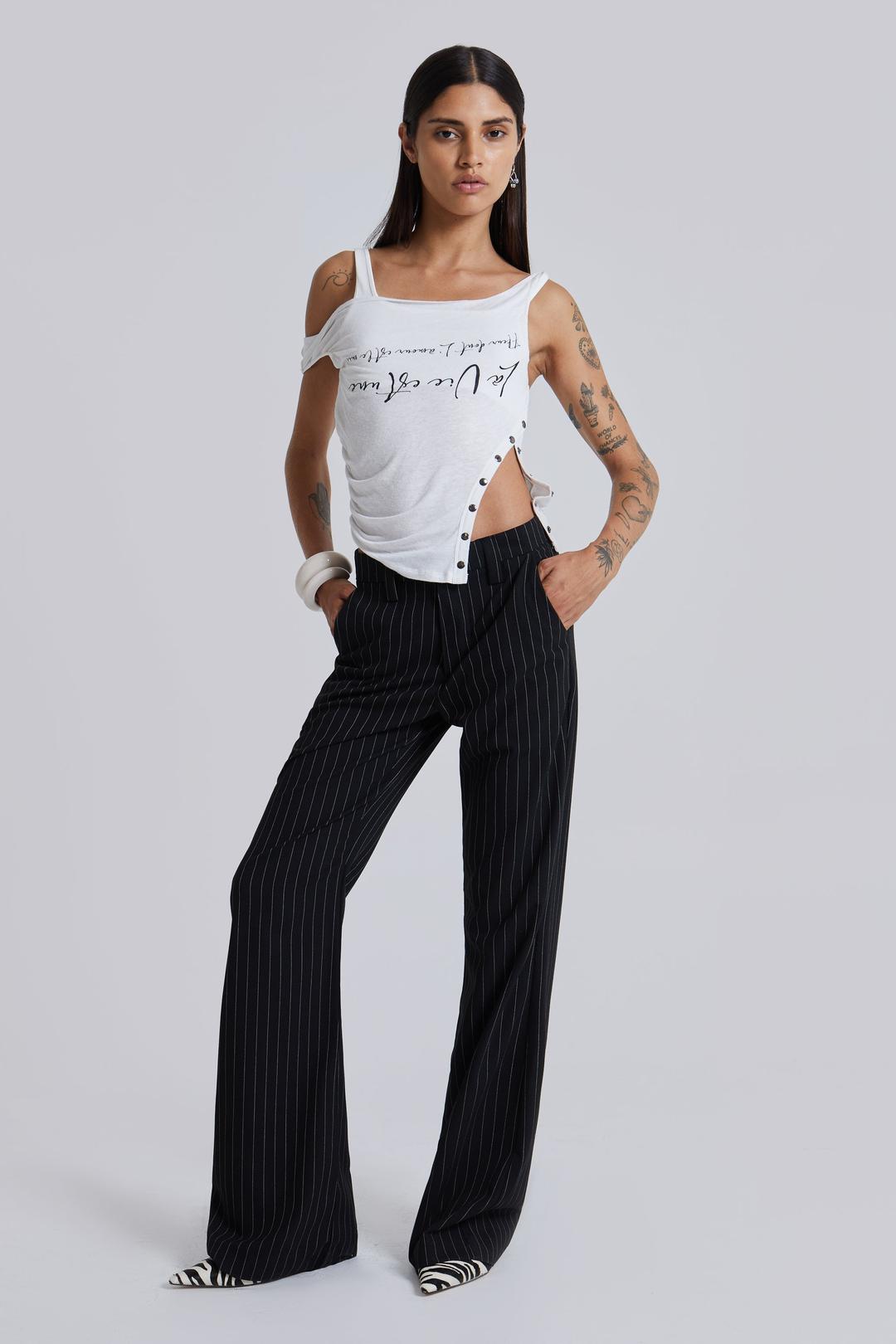 Black Pinstripe Stacked Bootcut Suit Pants - W26 / Black