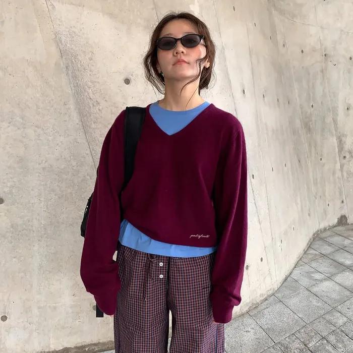 [17차]mond  raccoon v-neck knit_plum