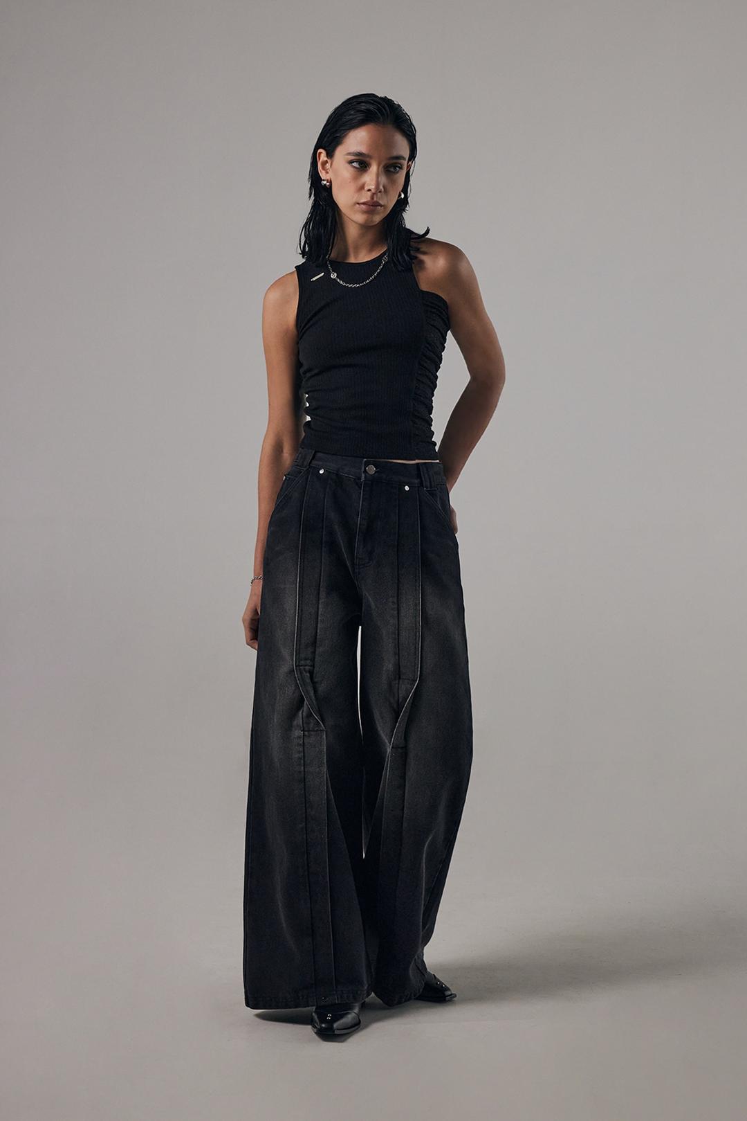 Unbalance Shirring Sleeveless [ Black ]