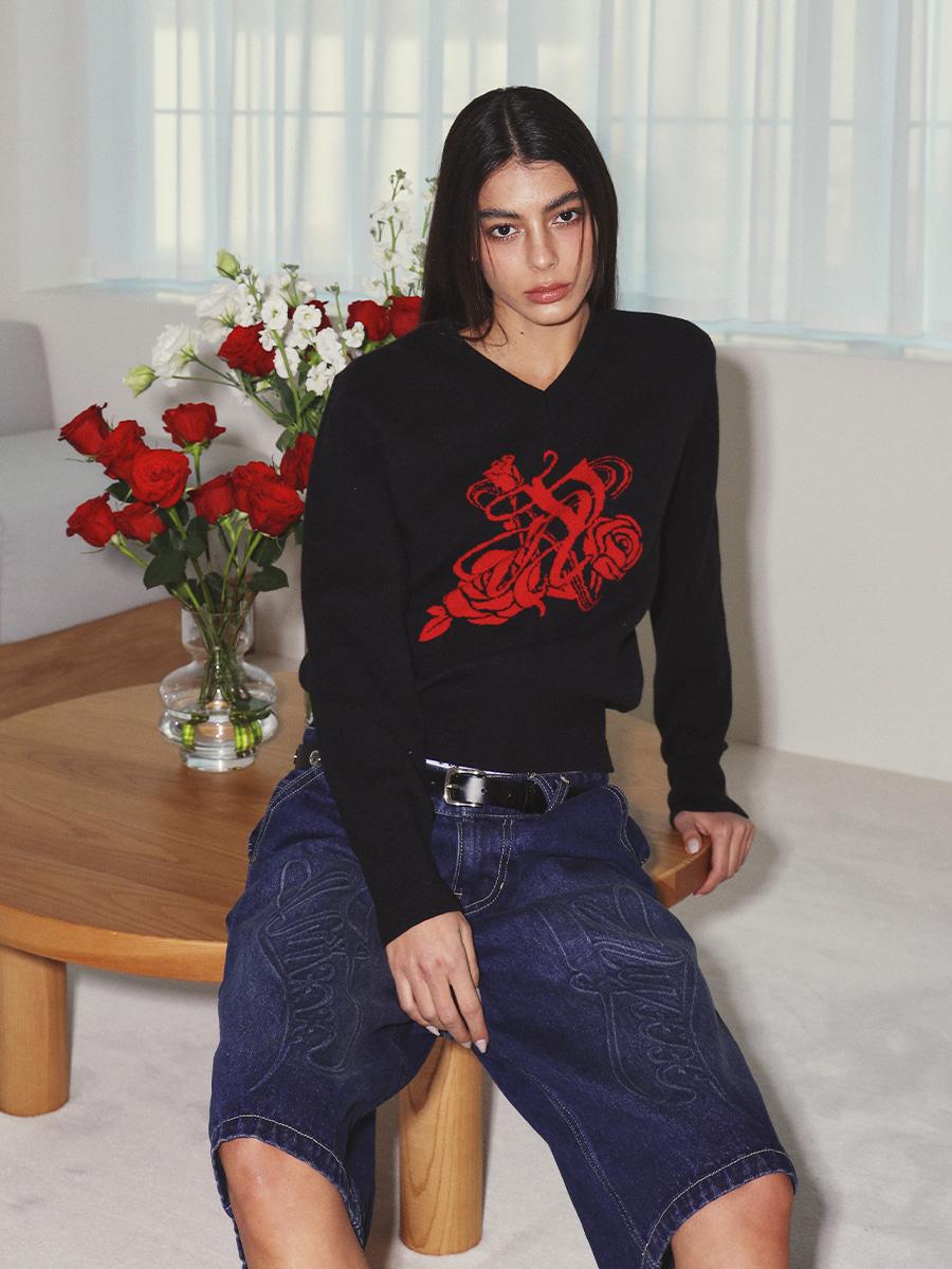 BURST INTO ROSE KNIT BLACK