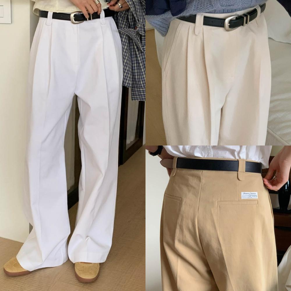 (2주소요) 시그니처 우드 팬츠 여성 가을 코튼 핀턱 와이드 팬츠 3color