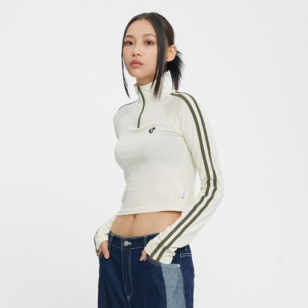 HALF ZIP UP RAGLAN CROP TEE SHIRT_OATMEAL