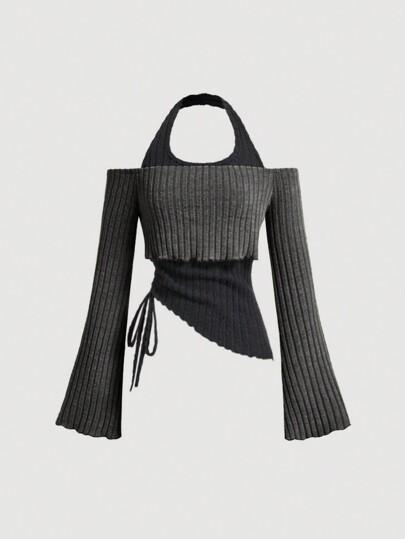 SHEIN MOD 비대칭 헴 끈허리 플레어 소매 2 합 1 티셔츠