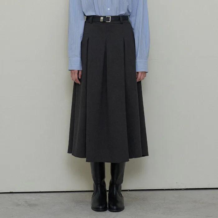 PLEATED BACK BANDED LONG SKIRT_GREY