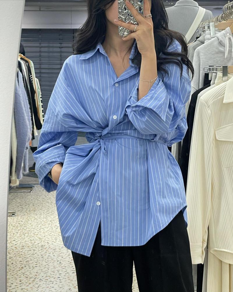 간절기 여성 스트라이프 투웨이 단추 허리끈 오버핏 셔츠 (3color)